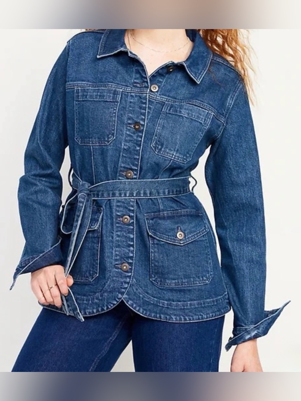 Old Navy Blue Denim Belted Utility Jacket Chore Jacket Women Like New 3X